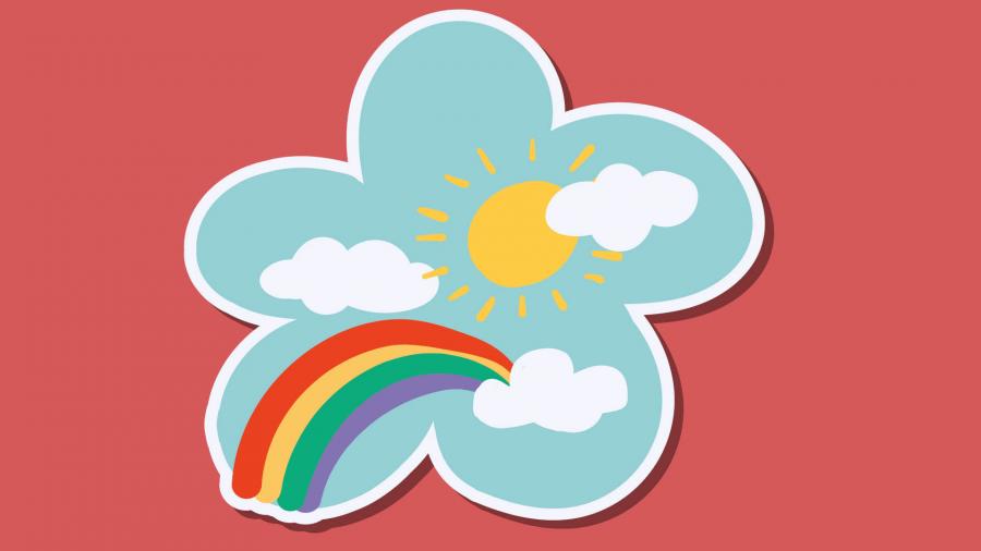 Billede af tegnet blomst med regnbue, sol og skyer